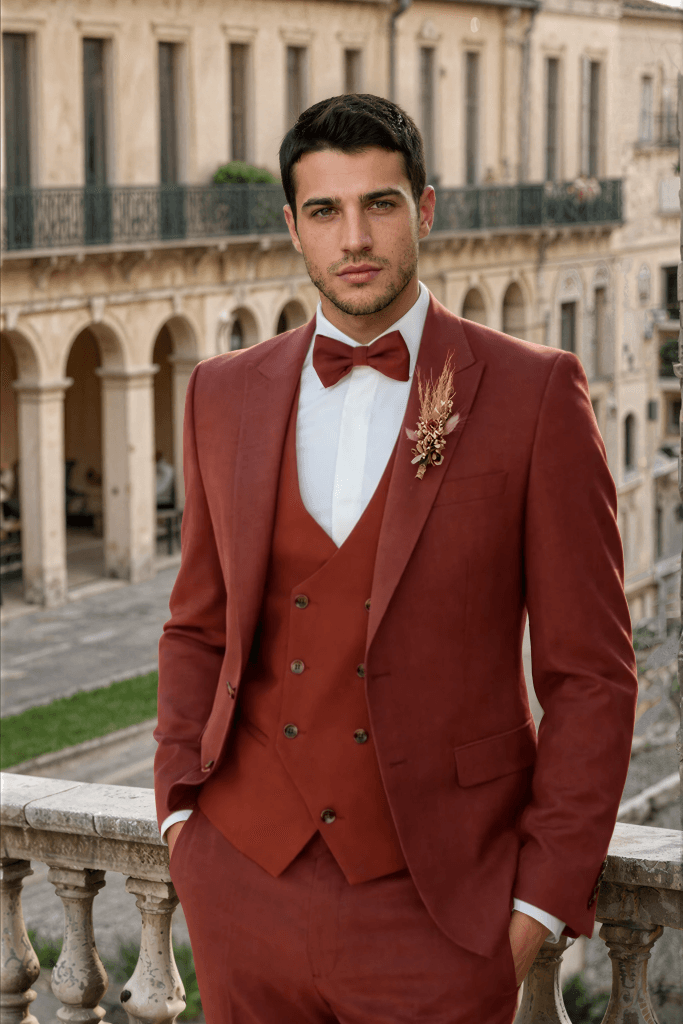 Costume de mariage terracotta : comment le choisir et le porter (guide 2027) 1 Costume homme terracotta Jadon – Maison Preciosa Dax