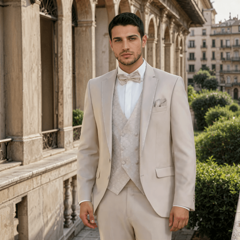 Quel costume de marié pour un mariage en été ? 1 Costume homme beige Islande – Maison Preciosa Dax