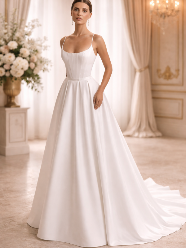 robe de mariée moderne dax tyche satin fente épaules fleuries élégante