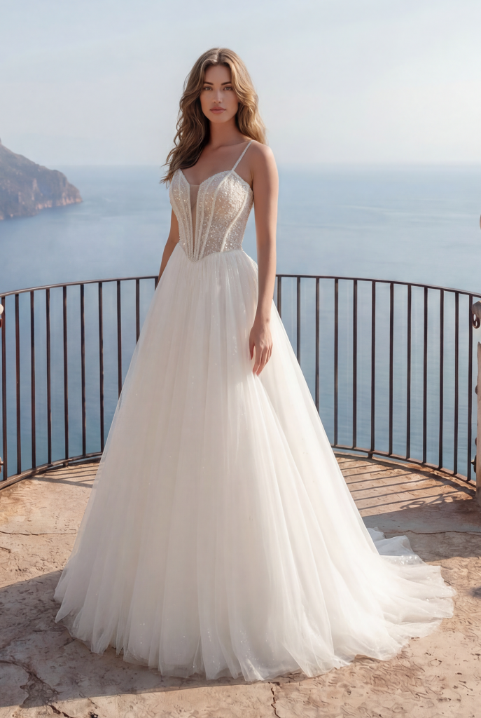 Robe de mariée Émeraude, princesse perlée – essayage privé chez Maison Preciosa à Dax
