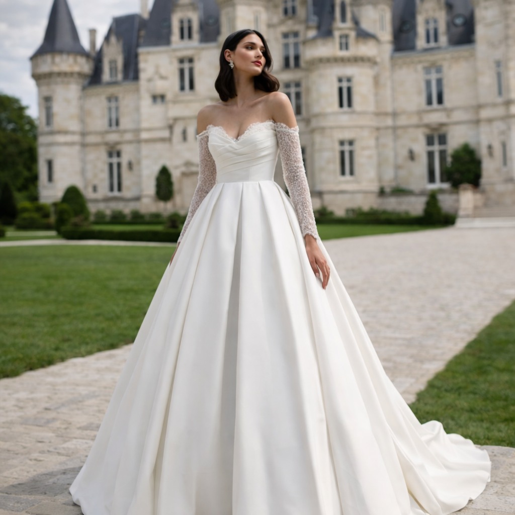 Robe de mariée princesse Eurydice – Satin élégant et manches dentelle 3 Robe de mariée Eurydice vue de face – Maison Preciosa Dax