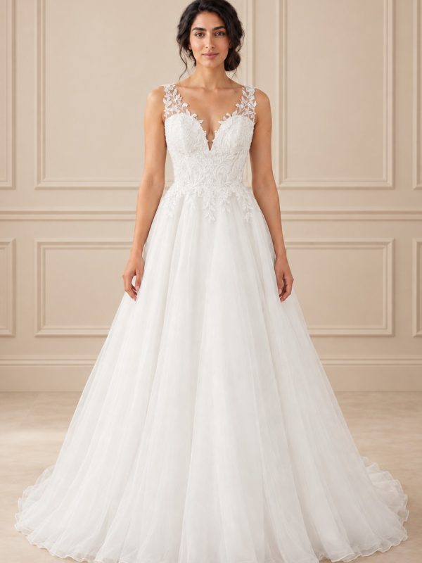 Robe de mariée Dolce A-line en organza, décolleté en V et bretelles en dentelle florale, Maison Preciosa à Dax